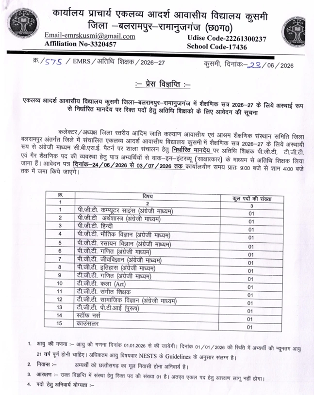EMRS Kusmi Recruitment 2026