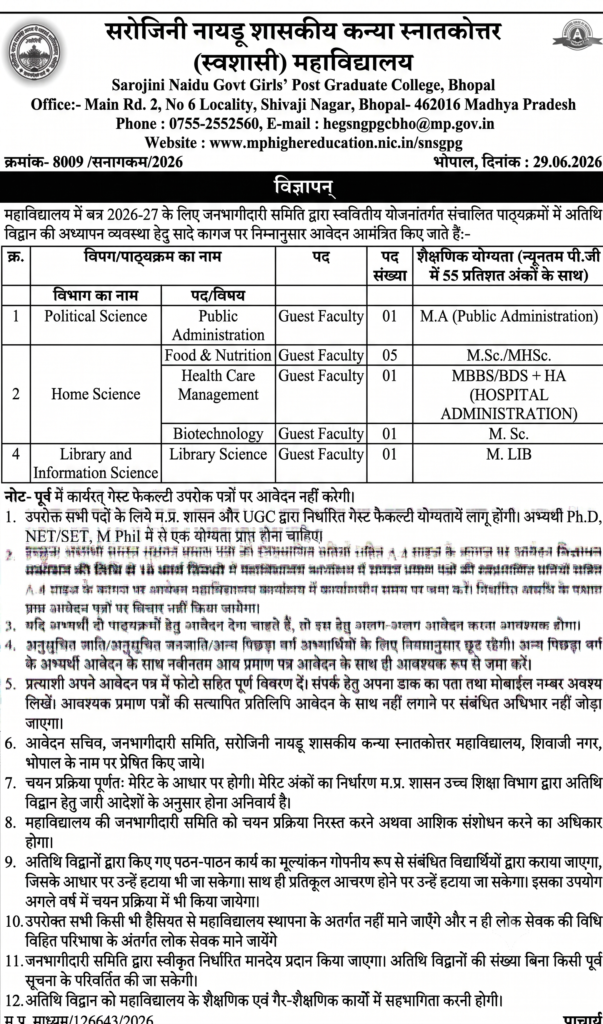Sarojini Naidu College Bhopal Recruitment 2026