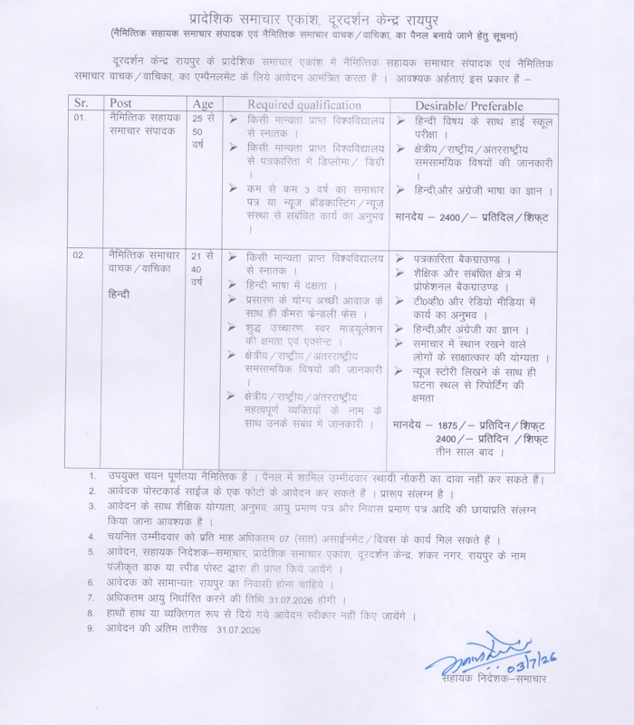 Prasar Bharati Raipur Vacancy 2026